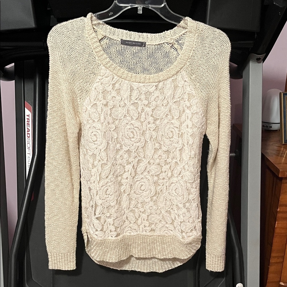 Suzy Shier Cream Lace Knit Sweater